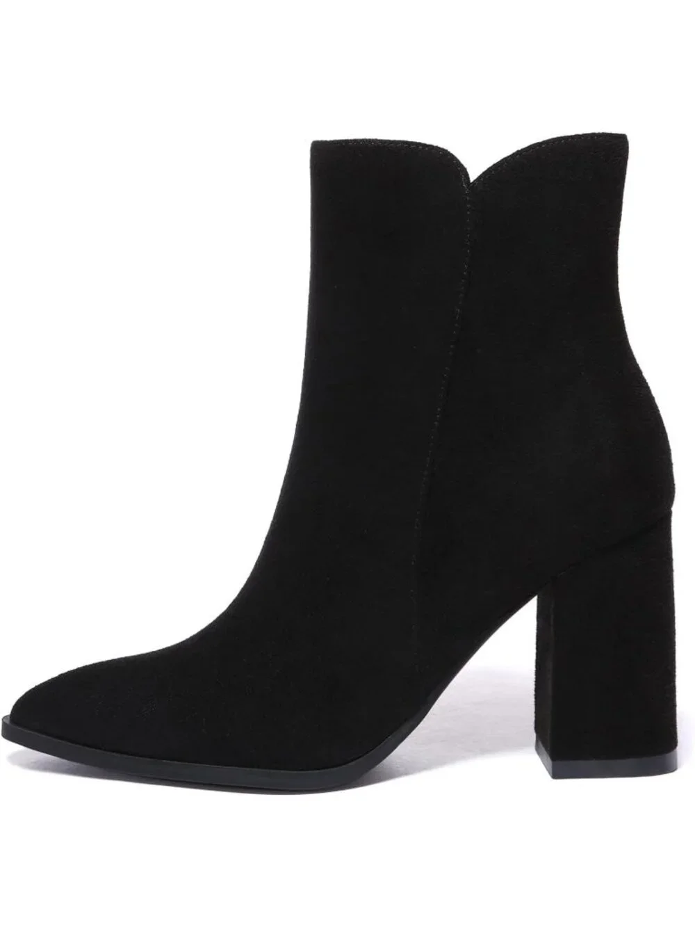 Women's Black Fashion Pointed Toe Chunky Block Heel Side Zipper Short Ankle Boot